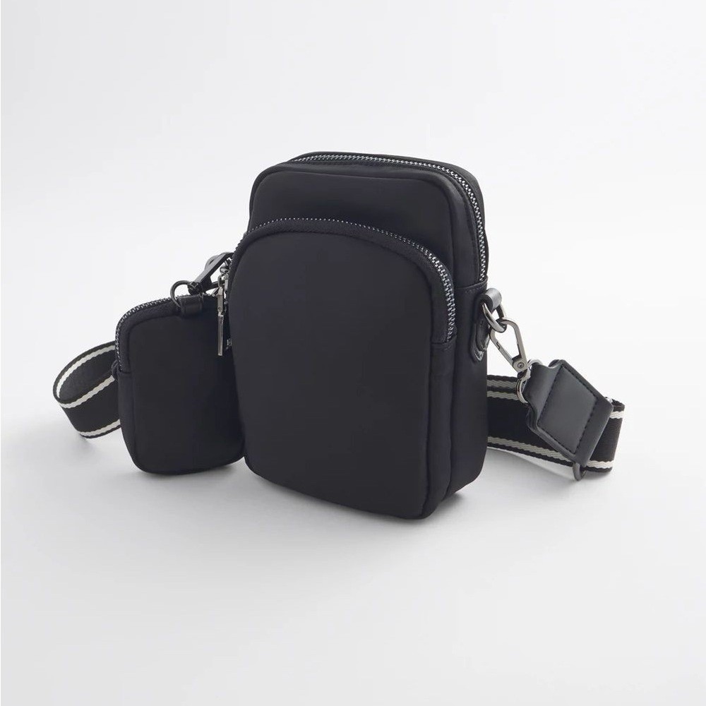 Chico's Black Nylon Crossbody Bag with Detachable Pouch and Striped Strap